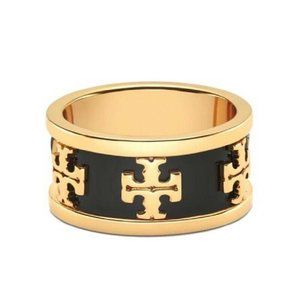 Tory Burch Black Enamel Raised Logo Ring Size 7
